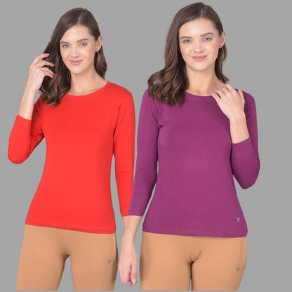 Comfort Lady Regular Fit Round Neck Plain Full Sleeve T-Shirt pack of 2