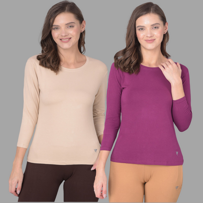 Comfort Lady Regular Fit Round Neck Plain Full Sleeve T-Shirt pack of 2