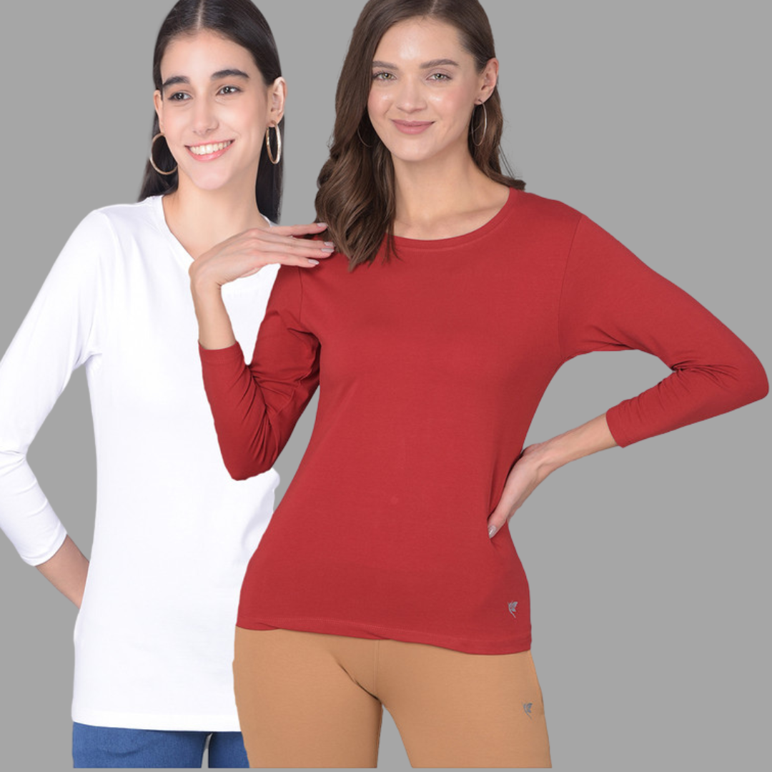 Comfort Lady Regular Fit Round Neck Plain Full Sleeve T-Shirt pack of 2