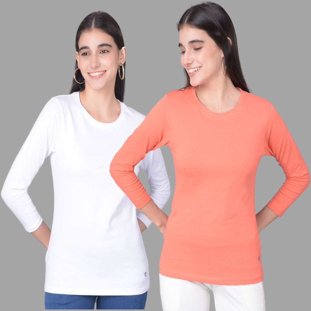 Comfort Lady Regular Fit Round Neck Plain Full Sleeve T-Shirt pack of 2