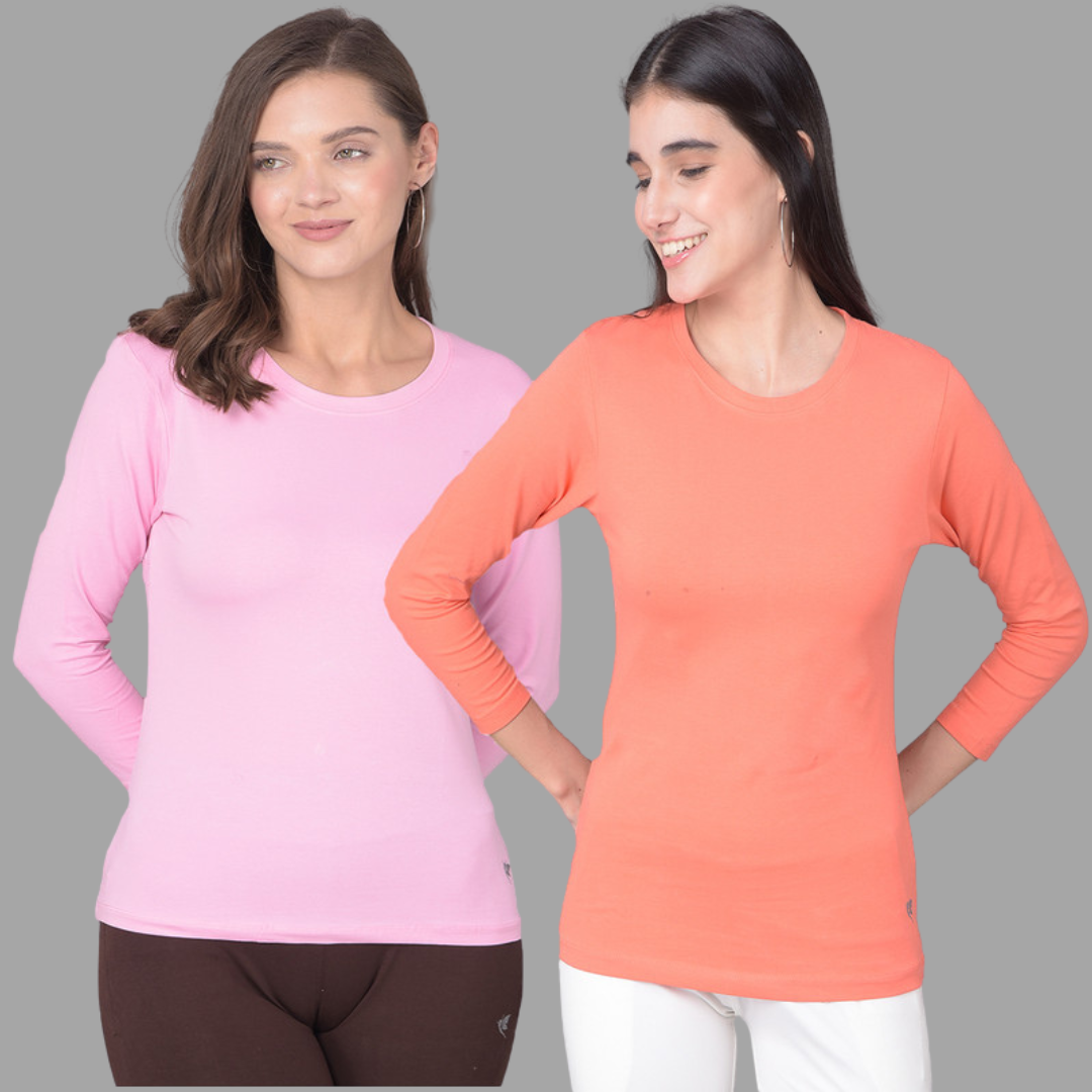 Comfort Lady Regular Fit Round Neck Plain Full Sleeve T-Shirt pack of 2