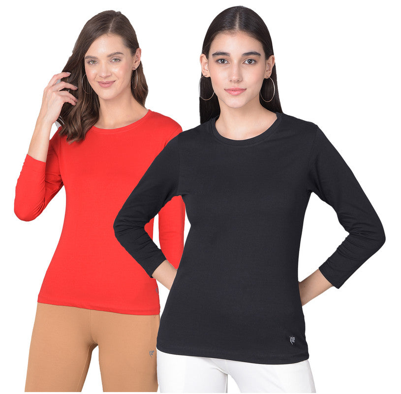 Comfort Lady Regular Fit Round Neck Plain Full Sleeve T-Shirt pack of 2