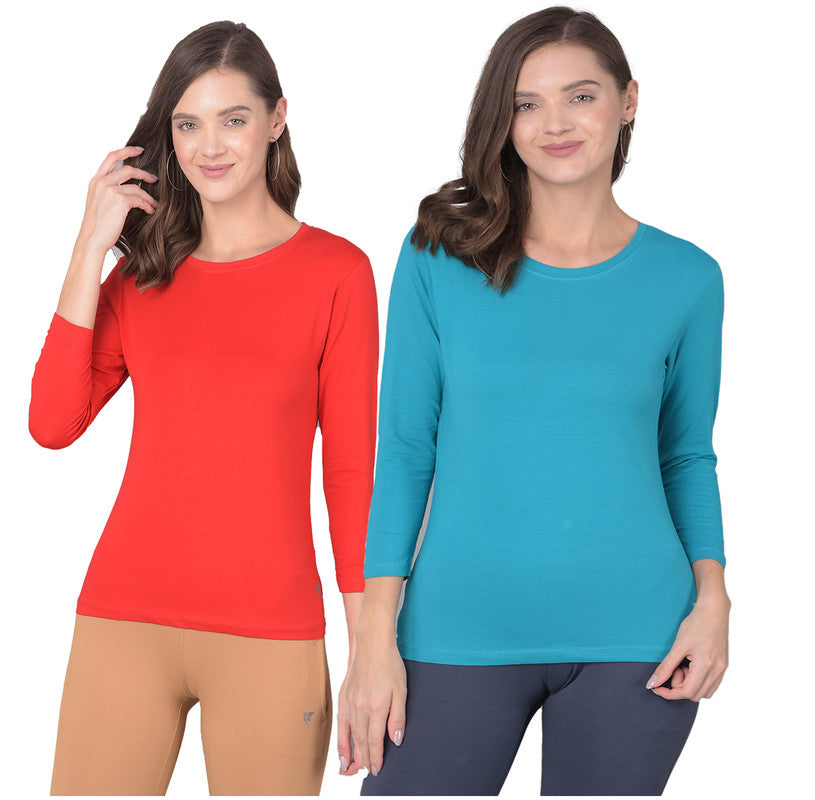 Comfort Lady Regular Fit Round Neck Plain Full Sleeve T-Shirt pack of 2