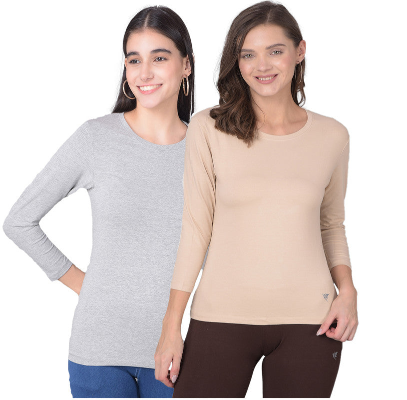 Comfort Lady Regular Fit Round Neck Plain Full Sleeve T-Shirt pack of 2