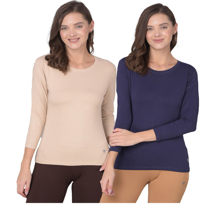 Comfort Lady Regular Fit Round Neck Plain Full Sleeve T-Shirt pack of 2