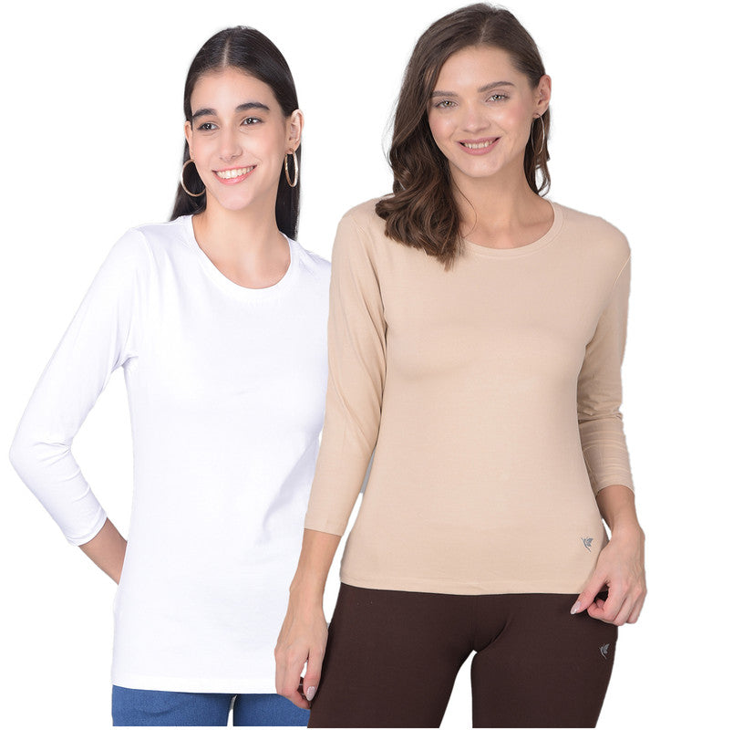 Comfort Lady Regular Fit Round Neck Plain Full Sleeve T-Shirt pack of 2