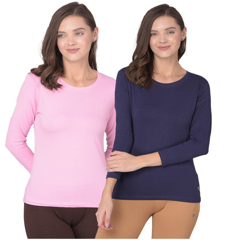 Comfort Lady Regular Fit Round Neck Plain Full Sleeve T-Shirt pack of 2